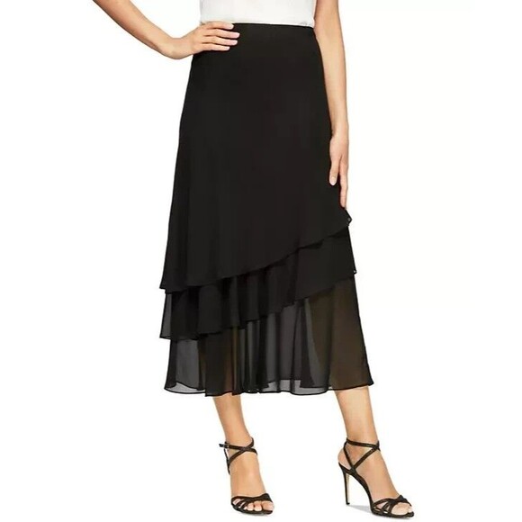 Alex Evenings Tiered Chiffon MIDI Skirt, Black, L - Picture 1 of 2